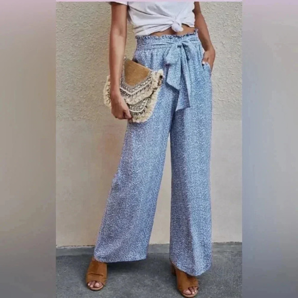 Coastal Chic Print Wide Leg Drawstring Pants Ocean Blue Womens size L - Picture 3 of 6